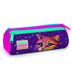 Coral High Mor Kedi Üç Bölmeli Kalem Çantası - Kız Çocuk