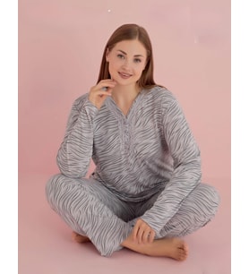 Pijamerry Kadın Büyük Beden Dantel Yaka Bambu Uzun Kol Pijama Takımı 5074 - 1 Adet (Gri)