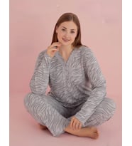 Pijamerry Kadın Büyük Beden Dantel Yaka Bambu Uzun Kol Pijama Takımı 5074 - 1 Adet (Gri)