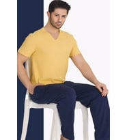 Modal Kumaş Koyu Mavi Renkli Teknur TKRN-30803 Erkek Kısa Kol Pijama Takımı (Sarı)