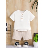 Unisex Bebek Çocuk %100 Pamuklu Çizgili Düğmeli Müslin 2'li Şortlu Takım - Bej