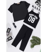 3'lü Baby Girl Baskılı Tshirt Atlet Tayt Siyah Takım