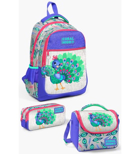 Coral High Kids Gümüş Lavanta Tavus Kuşu Desenli 3’lü Okul Çanta Seti SET0123488