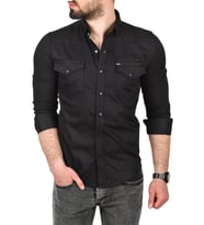 DeepSEA Erkek Siyah Slim Fit Pamuklu Çift Cepli Kot Gömlek Çıtçıtlı Uzun Kollu Spor Gömlek 2502503