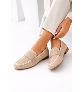 Mery Ceyn Taşlı Küt Kare Loafer Şık Babet (Bej)