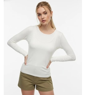 26031 Kadın Geniş Yaka Slim Fit Tasrım Modal Penye Bluz (Ekru)