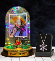 Kişiye Özel Renkli Led Işıklı Fanus ve Gerçek Ametist Taşlı Lotus Kolye (Model 6)
