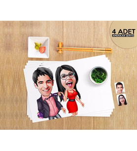 BK Gift Kişiye Özel Sevgililer Karikatürlü 4 Adet Amerikan Servis Seti-4 (Beyaz)