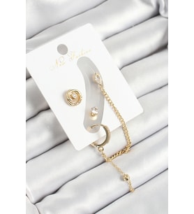 Pirinç Halka Figürlü Zirkon Taşlı Gold Renk 3'lü Kıkırdak Kadın Küpe Set (Altın)