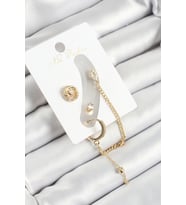 Pirinç Halka Figürlü Zirkon Taşlı Gold Renk 3'lü Kıkırdak Kadın Küpe Set (Altın)