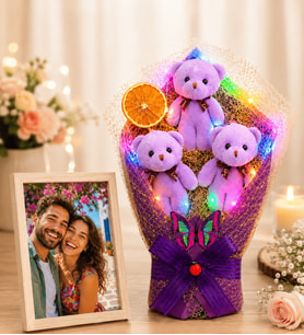 Kişiye Özel Büyük Fotoğraf Çerçeveli Renkli LED Işıklı Mor Peluş Ayıcık Buketi Sevgiliye Kadına Hediye