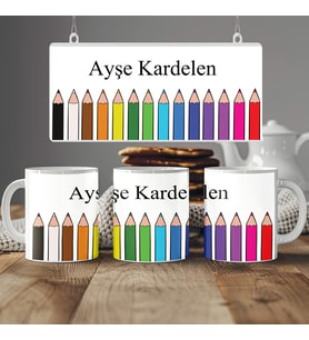 Öğretmenler İçin İsimli Kalemli Desenli Kupa – 330 ml, Kişiye Özel, Beyaz – Kupa Bardak