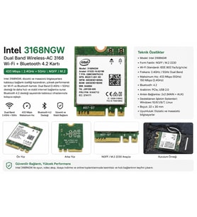Intel 3168NGW Dual Band AC 433 Mbps WiFi 5 Bluetooth 4.2 M.2 Kablosuz Ağ Kartı