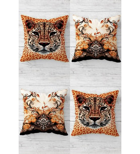 Wild Life Leopar Desenli Gizli Fermuarlı Kırlent Kılıfı Koltuk Yastık Kılıfı Takım(4adet) (Kahverengi)