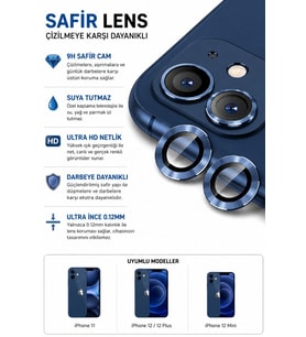 iPhone 11 / 12 / 12 Mini Koyu Mavi Metal Kamera Lens Koruyucu Safir Cam Ultra Net HD