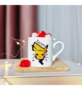 Pikachu Tasarımlı Ahşap Tabaklı Kişiye Özel Türk Kahvesi Fincanı