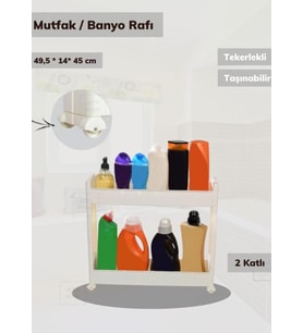 2 Katlı Mutfak Rafı Tekerlekli Organizer Dar Banyo Düzenleyici Motek Beyaz Banyo Rafı