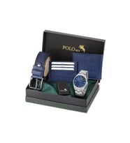Polo Air Klasik Metal Kordon Erkek Kol Saati Cüzdan Kemer Kartlık Çakmaklı Set Kombini Gümüş Lacivert Renk PL-7087E2
