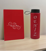BK Gift Kişiye Özel İsimli Kırmızı Defter ve Cam Matara Hediye Seti-3, Sevgiliye Hediye, Arkadaşa Hediye, Yeni İş Hediyesi