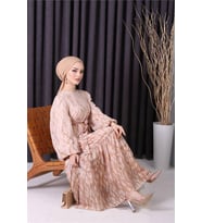 Neşeli butik kadın şifon eteği fırfırlı desenli tesettür elbise SMS008