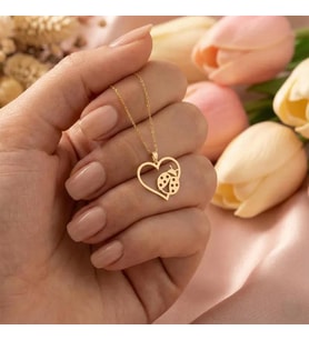 Minimalist Kalp ve Uğur Böceği Figürlü Kolye 925K Gümüş (Gold)