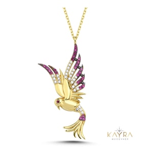 Prenses Anka Kuşu Fuşya Taşlı Altın Kolye AK02
