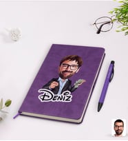 BK Gift Kişiye Özel Erkek Milyoner Karikatürlü Mor Termo Deri Defter Kalem Seti Model 1