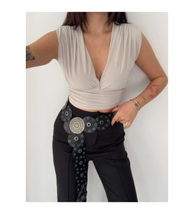 Vatkalı Kolsuz V Yaka Drapeli Crop Bluz Likralı Fit - Boyalı Gri