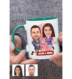 Eşe Yıldönümü Hediyesi Karikatürlü Yeşil Kupa Bardak