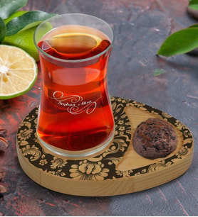 BK Gift Kişiye Özel Mermer Tasarımlı Doğal Ahşap Tabaklı Heybeli Çay Bardağı Sunum Seti Model 6