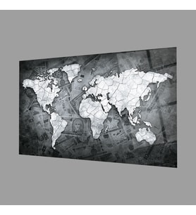 Para Dünya Haritası 4mm Dayanaklı Temperli Cam Tablo, Money World Map Glass Wall Art