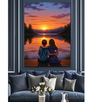 Gün Batımında Romantik Çocuk Çift Dekoratif Kanvas - Mdf Ahşap Tablo
