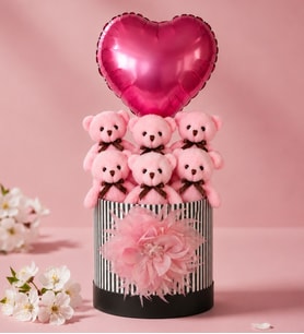 Özel Tasarım Hediye Kutusunda Kalpli Balonlu Pembe Peluş Ayıcık Buketi, Gift Box - Sevgiliye, Arkadaşa Sürpriz Doğum Günü & Tebrik - Kutlama Hediyesi