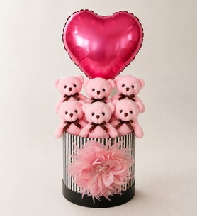 Özel Tasarım Hediye Kutusunda Kalpli Balonlu Pembe Peluş Ayıcık Buketi, Gift Box - Sevgiliye, Arkadaşa Sürpriz Doğum Günü & Tebrik - Kutlama Hediyesi