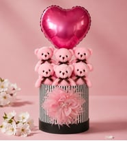 Özel Tasarım Hediye Kutusunda Kalpli Balonlu Pembe Peluş Ayıcık Buketi, Gift Box - Sevgiliye, Arkadaşa Sürpriz Doğum Günü & Tebrik - Kutlama Hediyesi