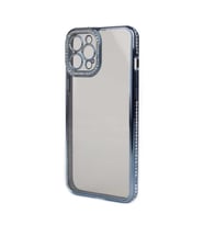 iPhone 12 Pro Max Kılıf Şeffaf Arka Yüzey Kamera ve Kenarları Taşlı Silikon (Mavi)