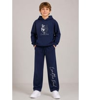 Erkek Çocuk Önü ve Arkası Kurt Çizim Baskılı Kapüşonlu Sweatshirt Lacivert Eşofm