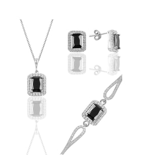 Söğütlü Silver Gümüş rodyumlu siyah taşlı baget kesim üçlü set