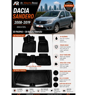 DACIA SANDERO 2008-2019 Araca Özel 3D Paspas + 3D Bagaj Havuzu