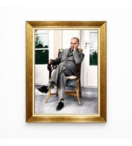 Tablore Atatürk Hasır Koltukta Dinlenen Tablo Nostaljik Kanvas Tablo Altın Çerçeveli Atatürk Duvar Panosu