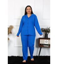 Kadın Büyük Beden Pamuklu Cepli Düğmeli Saks Pijama Takım