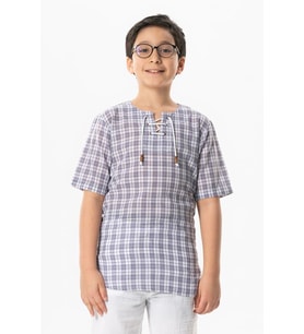 Kısa Kol Şile Bezi Zımbalı Yazlık Erkek Çocuk Tshirt Mor Kareli 3035