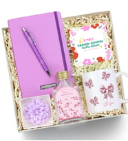 Kişiye Özel Mor Defter & Gümüş Renk Detaylı Mor Tükenmez Kalem & Baskılı Kupa & Lotus Mum & Trendmiya Japon Kiraz Çiçeği Kolonyası Hediye Seti