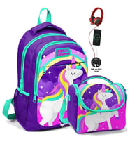Coral High Okul Sırt Çantası ve Beslenme Çantası Seti - Kız Çocuk Mor Unicorn - USB Soketli