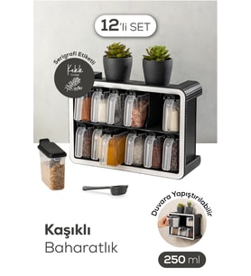 Beyaz Serigrafi Etiketli 12'li 250 ml Standlı Kendinden Yapışkanlı Kaşıklı Baharatlık Seti Siyah