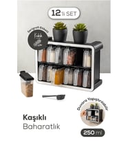 Beyaz Serigrafi Etiketli 12'li 250 ml Standlı Kendinden Yapışkanlı Kaşıklı Baharatlık Seti Siyah