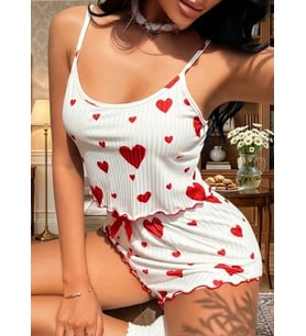 Bicomi Nefes Alan Pamuk Dokulu, Bulut Yumuşaklığında Kalp Desenli Yaz Konforu Pijama Takımı