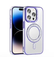 iPhone 14 Pro Max Kılıf Pırlanta Taş Tasarımlı M-safe Şarj Özellikli Karetta Silikon Kapak (Mor)