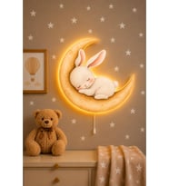Ahşap Ay Üzeri Tavşan Pilli Ledli Gece Lambası Bebek Çocuk Odası-Yıldız Sticker Hediyeli