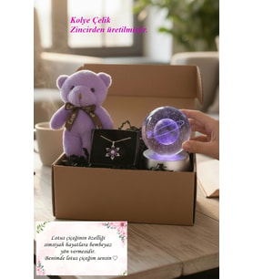 Ayıcık, Lotus Kamelya Çiçeği Kolye ve Satürn Temalı Işıklı  Dolunay 3d Led Işıklı Cam Küre Hediye